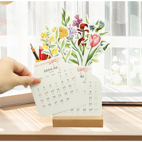 Skrivbordskalender 2024, kreativ blomkalendervasformad ny månadskalenderplanerare med träbas kontorsdekoration (5,2 x 8,9 tum)