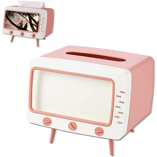 Cute Tissue Box Cover Retro TV Phone Holder Stand  Multifunction Tissue Box Holder for Kitchen Bedroom Office Parlor Bathroom Tissues Cover Pink