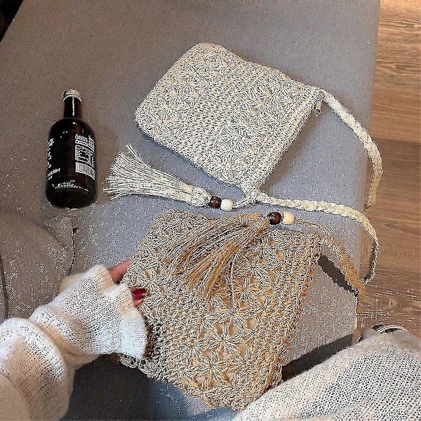 Halmväska Strand Vävd Halm Axelväska med Tofsar Boho Ihålig Virkad Crossbody Beige