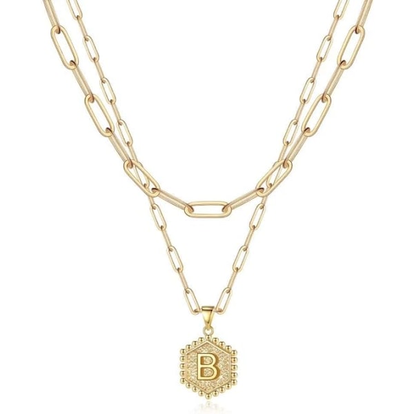 Snyggt guldhalsband för kvinnor - 14K massivt guld över lagerhalsband för kvinnor Söta sexkantiga bokstavs initiala halsband bokstaven B