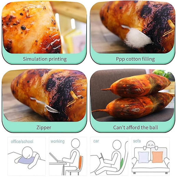 3D Simulering Mat Soffa Kudde Mjukt Ländryggsstöd Plysch Leksak Kudde Plysch Gosedjur 7\" för Hemmet Grilled Sausage