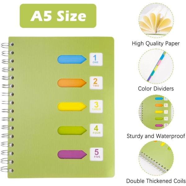 A5 Spiral Notebook med 2 stk. indeksfaner, WireBound Notebook med 5 farvede skillevægge, A5 notesblok, plastomslag linjeret sidejournal (grøn)