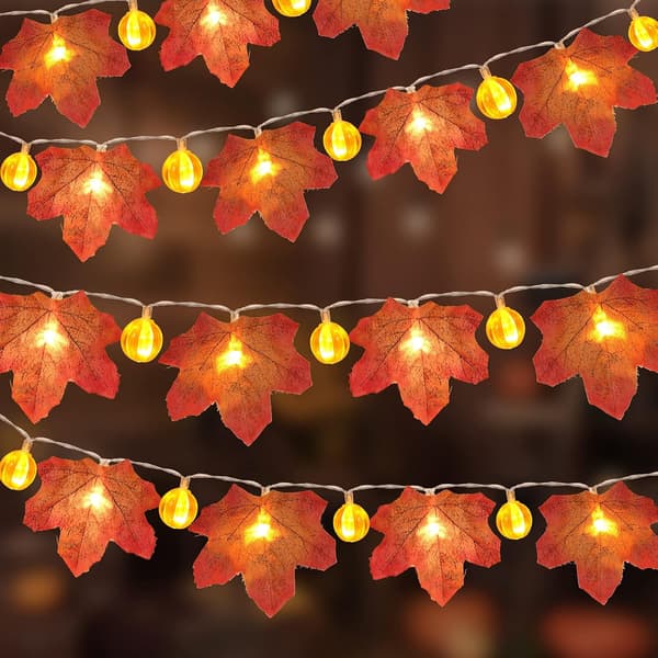 Maple Leaf Pumpkin String Lights for Thanksgiving, Maple Leaf String Lights, Autumn and Halloween Decorations 3m 20 LED Battery Operated Garland
