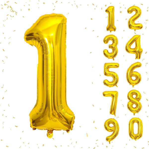 40 tums guld helium mylar folie nummer ballonger, nummer 1 ballong för födelsedagsdekorationer för barn, tillbehör till jubileumsfestdekorationer