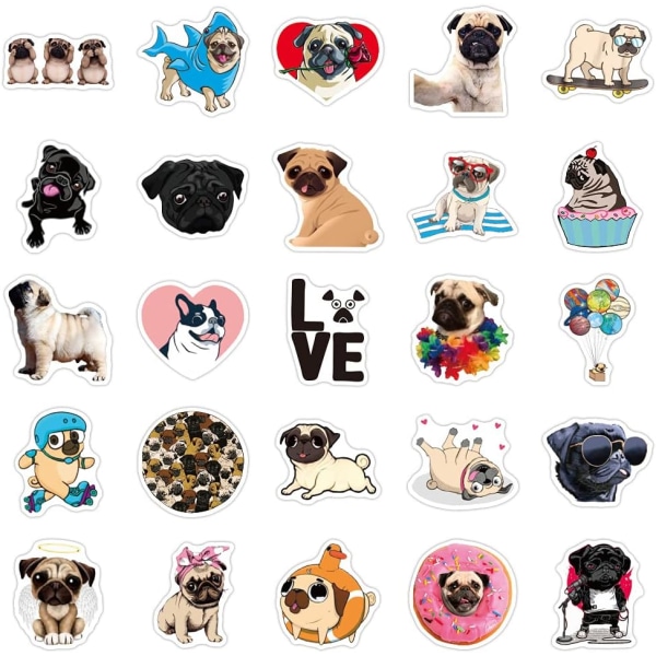 Mops Stickers - 50 pakker med søte Mops stickers, vanntette gull pels stickers, vannflasker, bærbare datamaskiner, utendørs dekorasjoner, gaver til barn