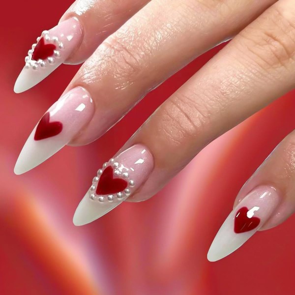 24st Press on Nails Mandel Glans Cover Akryl Rosa Vit Gradient Medium Falska Naglar med rött hjärta Strassdesigner Konstgjorda naglar
