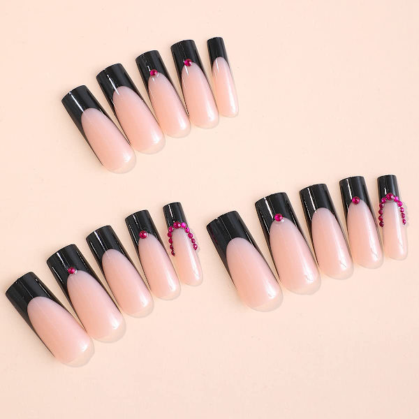 24 stk. Lange Firkantede Tryk-på-Negle Fransk Tip Kunstige Negle 3D Metal Planet Lim-på-Negle Glossy Rhinestone Akryl Negle Sorte Spidser Nude Falske Negle