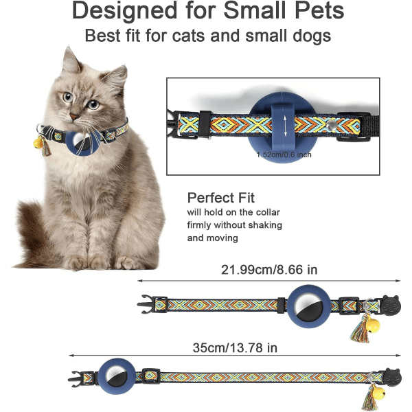 Airtag kattehalsbånd med sikkerhedsspænde, klokke og kvast 1,1 cm bredt vandtæt Airtag breakaway kattehalsbånd anti-kvælning til katte hunde hvalp (mørkeblå)