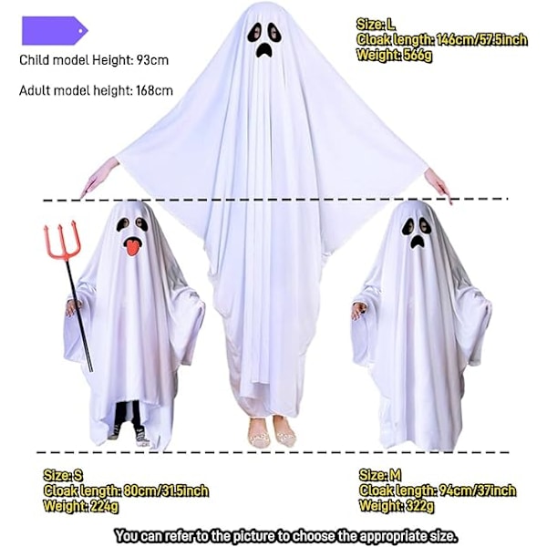 Spökkostym Unisex Barn och Vuxen Halloween Fancy Cosplay Pojkvit Boo Spökkåpa Barn Spöklikt Bus eller Godis (Smiling face) M(94CM)