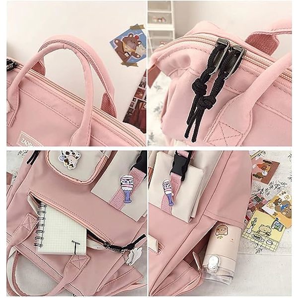 Kawaii reppu söpöillä pinni- ja pehmolelukoristeilla Kawaii koulu reppu Söpö esteettinen reppu-pinkki