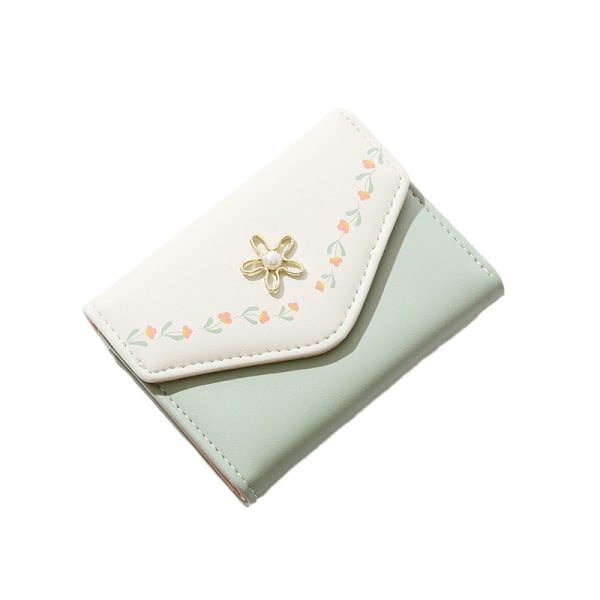 Flickor Print blommor Plånbok, liten trevikt estetisk plånbok, PU-läderväska Kontantficka Korthållare ID Fönsterplånbok för kvinnor (grön)