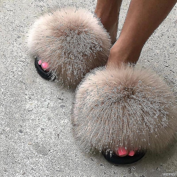 Sommer Pels Slippers Fluffy Søde Plys Damer Flip Flops Luksus Charmerende Sandaler Xnr135 43