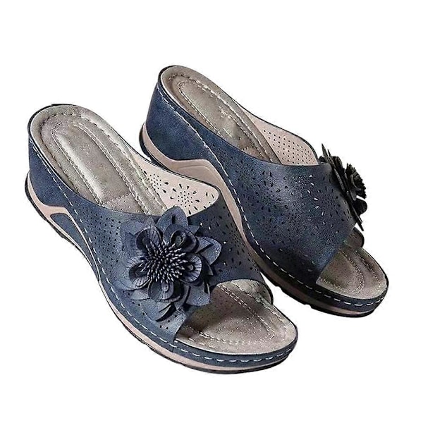 Plus Size Sandaler för Kvinnor, Vävda Blommiga Kilklackar för Inomhus och Utomhus Black 36