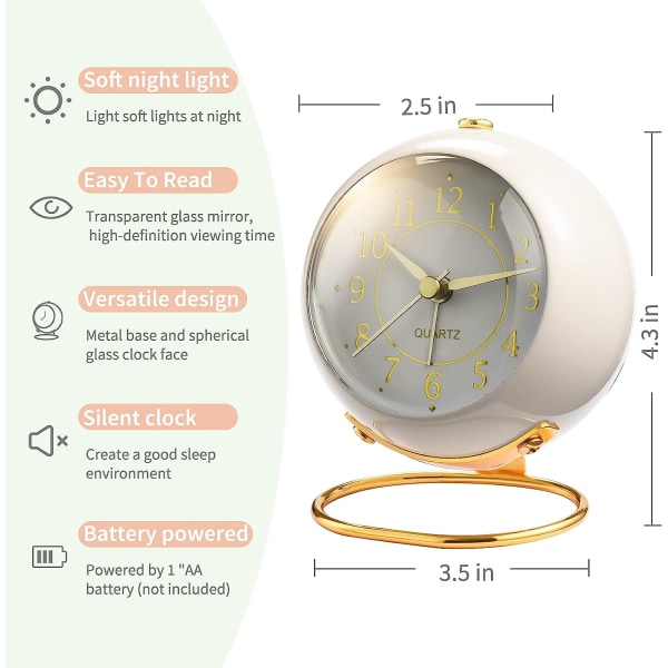 Analog alarmklokker, retro bakgrunnsbelysning søt enkel design liten bordklokke med nattlys, stille ikke-tikkende, batteridrevet, for barn