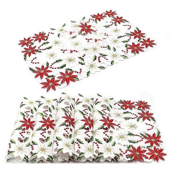 Sett med 6 broderte julebrikker, julestjerne- og kristtorn-design, 28x44 cm Red  White