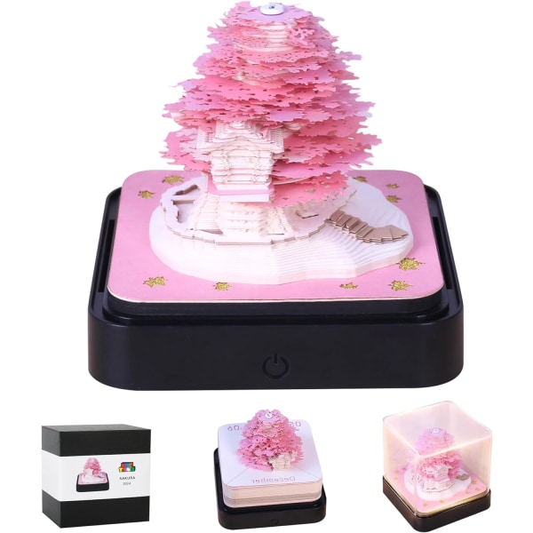 3D Art Calendar Memo Pad 2024, Creative Time piece Calendar Sakura Tree Rip Away Paper Carving Sticky DIY Note Pink