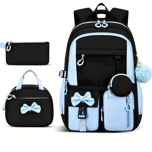 Backpack for Primary and Secondary School Students, Simple Three-Piece Set Black Pink