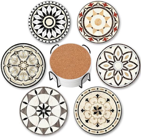 Coasters Set of 6 with Holder, Ceramic Absorbent Coasters for Drinks, Boho Coasters with Cork Base for Table Protection, Coffee Table Decor 4 inch