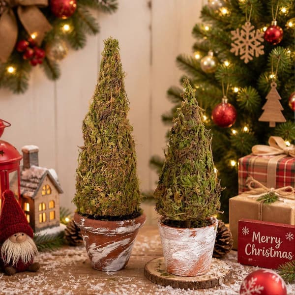 Kunstig mos juletræ – mini potteplante til skrivebord og hylde julepynt