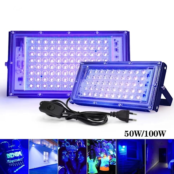 LED Blacklight Floodlight, 100W UV Blacklight Lamp with Plug, 96 Blacklight LEDs with Switch, IP65 Waterproof UV Floodlight Headlamp [Energy Class A]