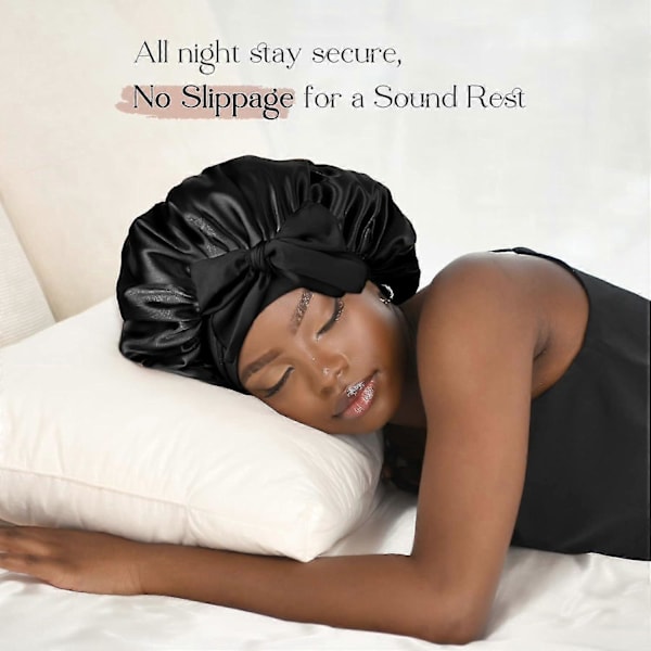 Satin Bonnet Silk Bonnet för att sova Dubbla lager Satin Fodrad Hår Hätta med Tie Band Bonnets för kvinnor Naturligt lockigt hår black