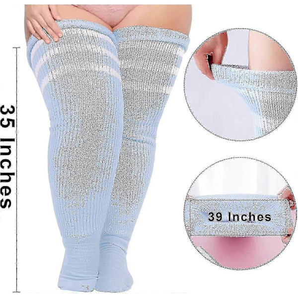 Plus Size Dame Lårstrømper til Tykke Lår - Ekstra Lange Stribede Tykke Over Baby Blå Vit