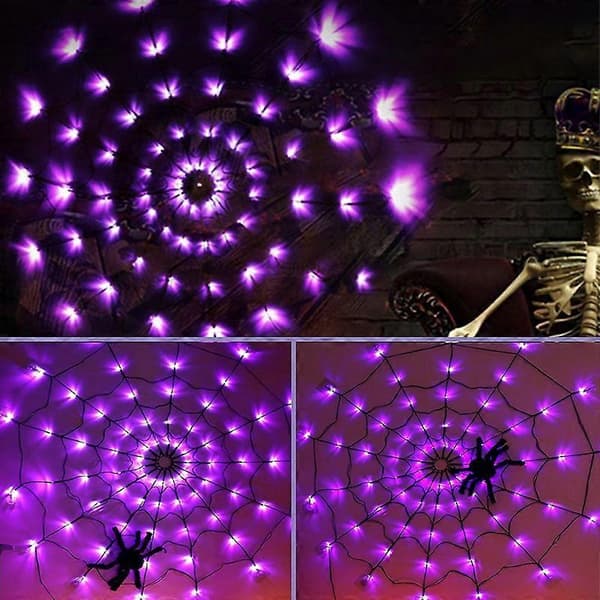 70 LED Halloween edderkoppespind-lys med batteriboks, 8 tilstande, feststemningslampe, uden edderkop Multicolor Purple