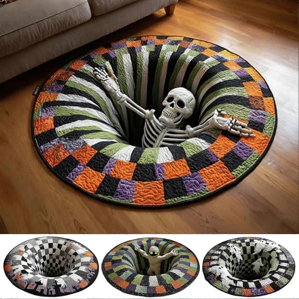 3D Halloween-tæppe - Optisk illusionstæppe med skelet- og græskardesign, blødt og vaskbart, perfekt til stue, badeværelse