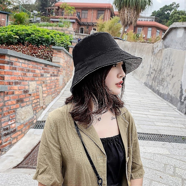 Fiskarehatt Kvinna Bomull Solhatt Vändbar Bucket Hat Strand Solhatt Gul black