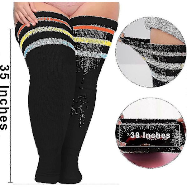Plus Size Dame Lårstrømper til Tykke Lår - Ekstra Lange Stribede Tykke Over Svart Orange Gul Blå