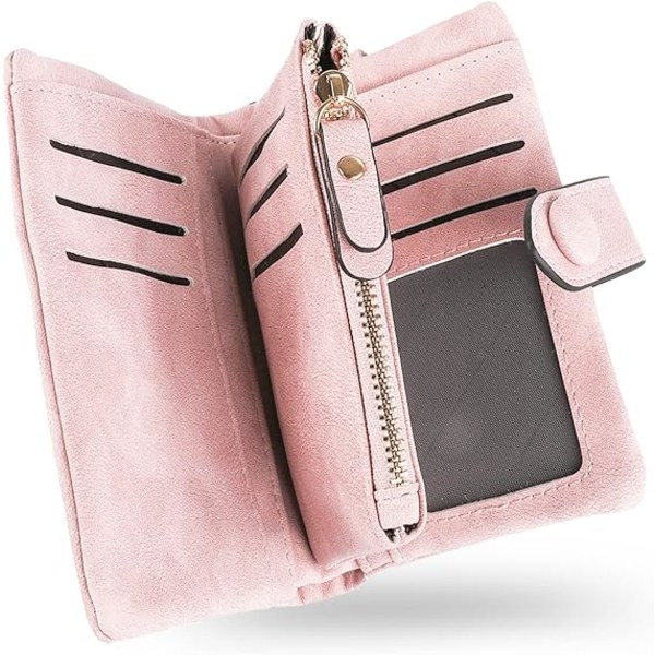 Små armbandsplånböcker för kvinnor, Bifold RFID-plånbok i läder med ID-fönster Dragkedja Myntväska Retro frostat dragkedja med spänne handväska Rosa