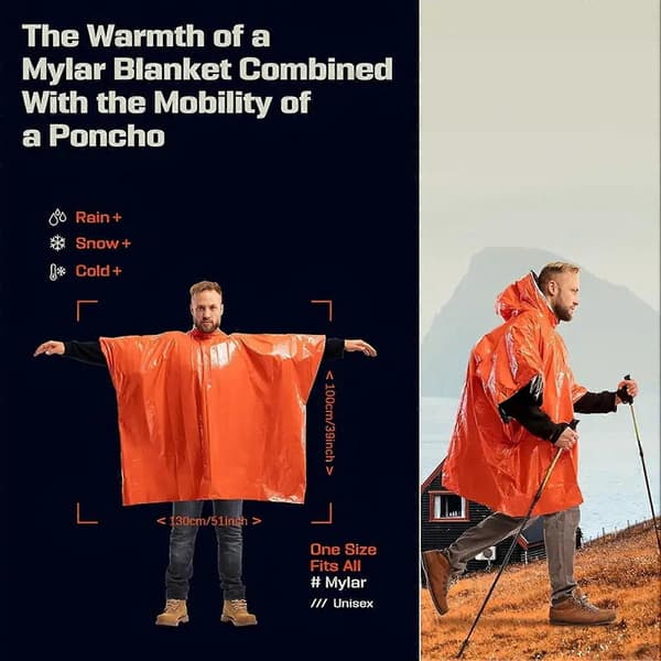 Nødregnponcho - med hætte og varmetæppe - til camping og vandreture Orange 2pcs