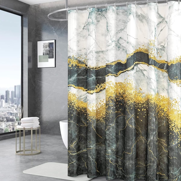 Black and White Shower Curtain Set with 12 Hooks,Abstract Luxury Black Marble Shower Curtain with Gold Veins Texture, Waterproof Fabric,72" W X 72" L