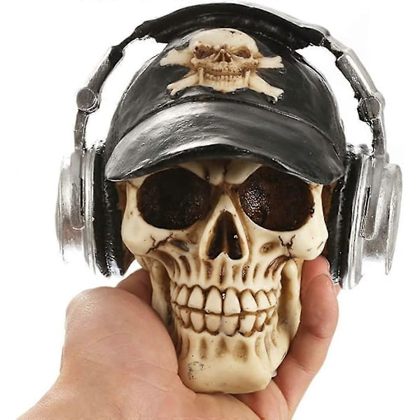 Kranie med headset ornament, Halloween Resin Skelet Kranie Figur Skulptur med Hovedtelefon Desktop Dekoration
