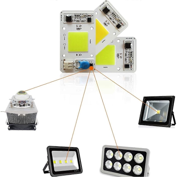 2 st LED-chip 50W vit 6000K 220V COB LED-chip Ingen lödning krävs Inbyggd smart IC-drivare