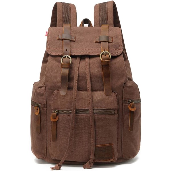 Canvas Backpack Unisex Vintage Casual Rucksack 14 inch Laptop Daypacks Schoolbag College Bookbag Hiking Camping Travel Bag Coffee