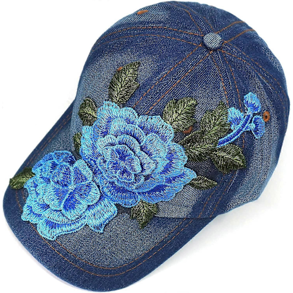 Denim Basebollkeps Blomma Justerbar Broderad Solhatt Gåva till Mamma / Damer (Röd) blå