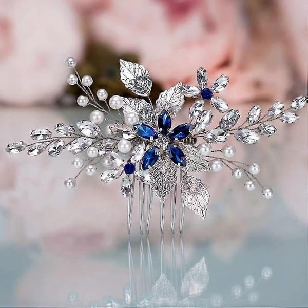 Bröllop Hårkam Blå Strass Brudhåraccessoarer För Brud Och Brudtärnor Bröllop Hår Smycke Silver
