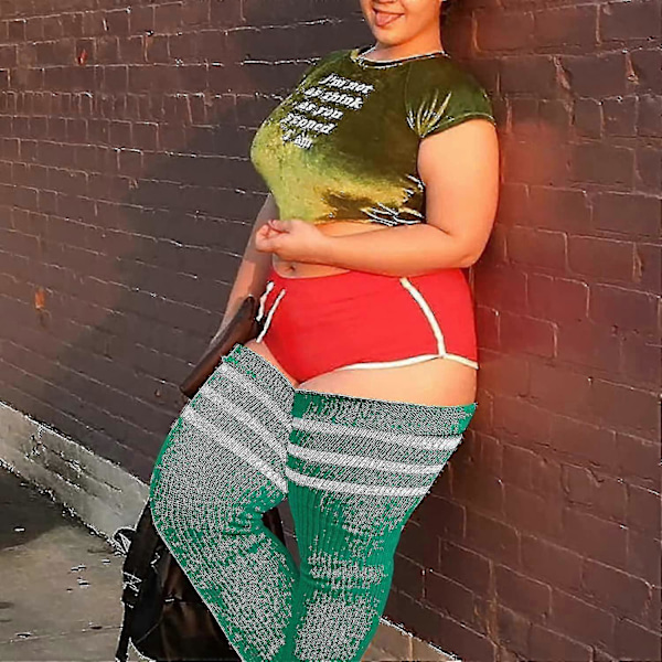 Plus Size Dame Lårstrømper til Tykke Lår - Ekstra Lange Stribede Tykke Over Ljus smaragd vit
