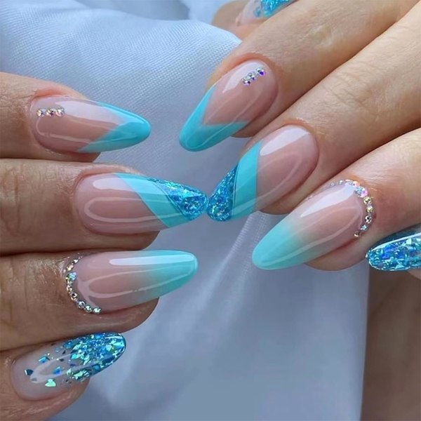 Press on Nails Blue French Tip Medium Almond False Nails Glitter with Rhinestones Design Fake Nails Glossy Full Cover Stick on Nail 24Pcs