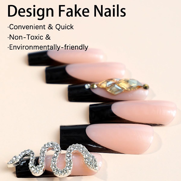 Långa Kvadratiska Press-on Naglar Svarta Falska Naglar Fransk Spets Limma på Naglar Rhinestone Orm Charm Falska Nagelspetsar Fulltäckande Artificiella Naglar 24st