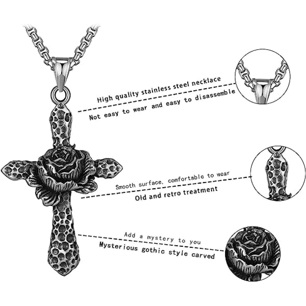 Hänge med rosenblomma religiösa halsband för män kvinnor, rostfritt stål gotiska punk smycken, personliga rappar cykel halsband med 24 tums kedja