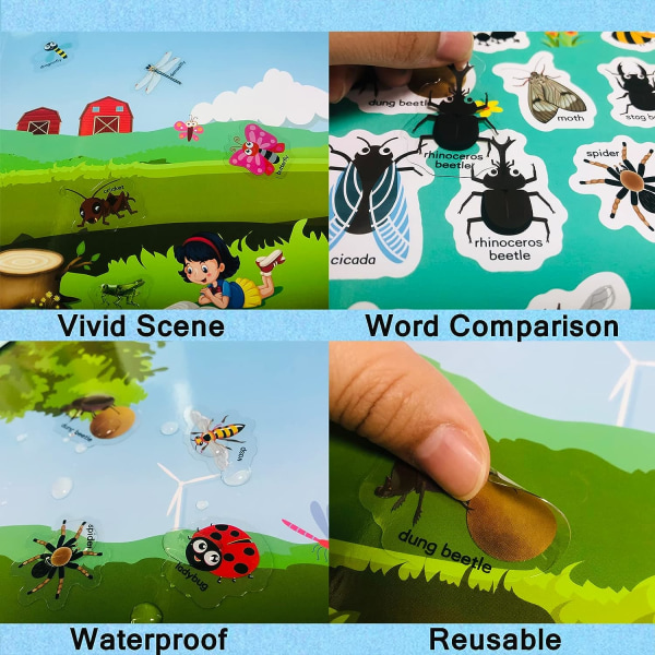 Uudelleenkäytettävät tarra-albumit, hyönteistarrat, kestävät ja liimaamattomat, ikkunatarrat lapsille, opettavaiset tarrat Lelut lapsille taaperoille