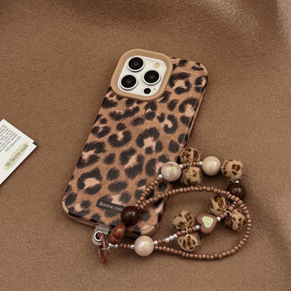 Fulltäckande Stødsikkert Perle-Lanyard-Etui til iPhone (Leopardmønster)