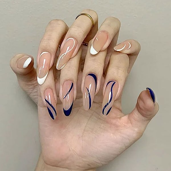 1 ST Nail Art falska naglar (CJP1983-B3 minimalistiska blå och vita linjer [bär modell])