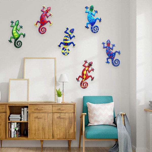 6 stk. Metal Gecko Vægdekoration, 22 cm Vægskulpturer, Udendørs Vægkunst Dekoration Havepynt Firben