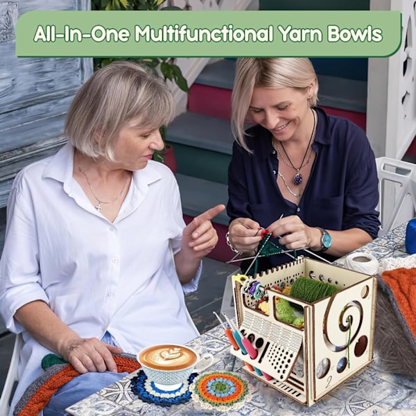All-in-One Trådbowl i Trä - Multifunktionell Sticktrådbowl, Trådförvaringsbehållare och Virknålshållare, Virkningsväska (1 st)