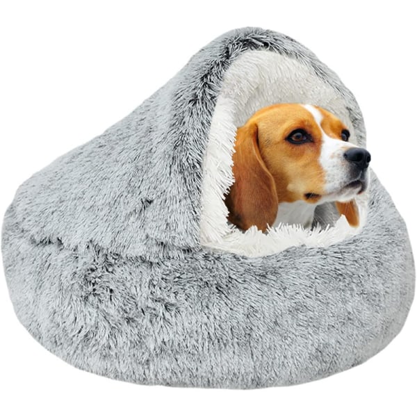 Fluffig plysch lugnande säng för hundar under 10 kg, tvättbar ångestdämpande hundsäng för små medelstora hundar, mjuk varm munkbädd inomhus (65 cm, grå)