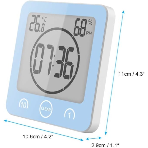 Kylpyhuoneen kello, LCD-digitaalinen herätyskello vedenpitävällä kosketussuihkukellolla, lämpötila, kosteus, lähtölaskenta, 3 kiinnitystapaa, paristokäyttöinen (sininen)
