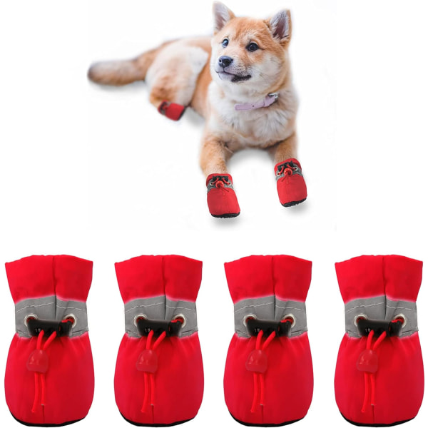 Anti-Slip Dogs Boots & Paw Protector for Snowy Day, Summer Hot Pavement Dog Booties with Reflective Straps, Dog Shoe for Indoor Hardfloors (Red, 2)